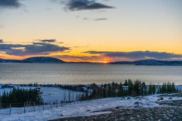 Thingvellir National Park in Iceland at sunrise, in winter time.