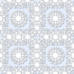 White snowflakes on pale blue background, damask ornament seamless pattern. Paper cut style - 367667115