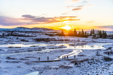 Thingvellir National Park in Iceland at sunrise, in winter time.
