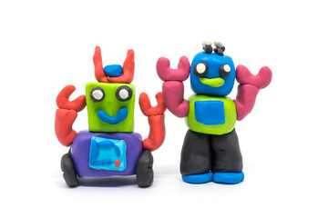 Play dough group robot on white background. Handmade clay plasticine