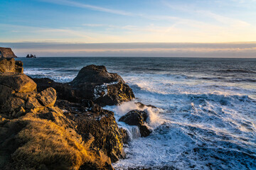 The south coast of Iceland, near vik, in winter time, at sunset.