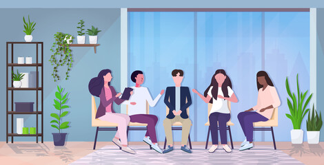 female psychologist talking with patients group during psychotherapy session treatment of stress addictions and mental problems concept horizontal full length vector illustration