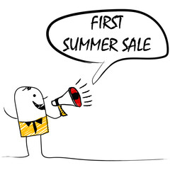 vector illustration of doodle man holding a megaphone with FIRST SUMMER SALE speech bubble with Loudspeaker.banner for marketing ,business and also advertising.