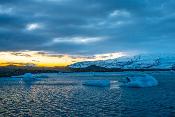 Jokulsarlon, the glacier lake in Iceland, in winter time, at sunset.
