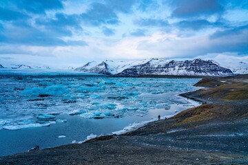 Jokulsarlon, the glacier lake in Iceland, shot in winter time, at sunset.