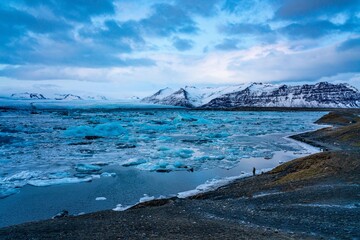 Jokulsarlon, the glacier lake in Iceland, shot in winter time, at sunset.