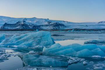 Jokulsarlon, the glacier lake in Iceland, shot in winter time, at sunset.