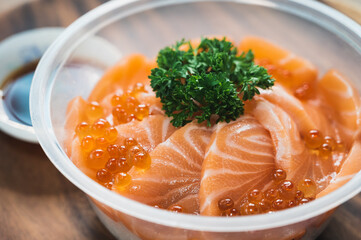 Salmon don, salmon rice with salmon roe in a bowl