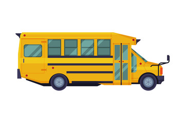 Side View of Yellow School Bus, School Students Transportation Classic Vehicle Flat Vector Illustration Isolated on White Background