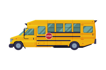 Obraz na płótnie Canvas Side View of Yellow School Bus, Back to School Concept, Transportation Vehicle Flat Style Vector Illustration on White Background