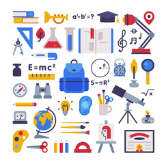School Supplies Collection, Learning Equipment, Back to School Concept Flat Style Vector Illustration