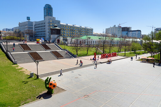 View of Historical Square on Iset River in center of city Yekaterinburg. Russia
