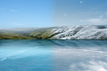 Lake and green hills with winter and summer climate
