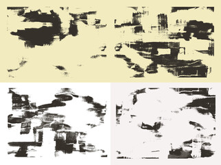 Paint strokes on wet canvas. Vector set of four paintings. Abstract grunge backgrounds, light hand drawn monochrome pattern