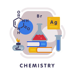 Chemistry School Subject Icon, Education and Science Discipline with Related Elements Flat Style Vector Illustration