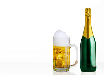 Alcoholic drink bottle and glass of cold beer