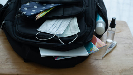 come back to school,School bag with sanitizer hand,mask,alcohol gel ,coronavirus