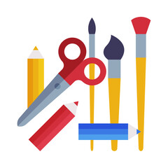 School Supplies Collection, Ruler, Brush, Scissors and Pencil, Flat Style Vector Illustration on White Background