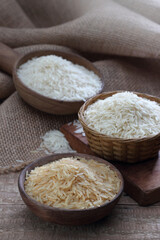 Indian basmati rice variety on a wooden background