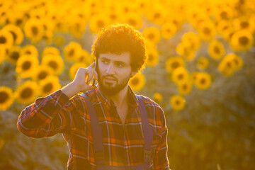 Young farmer standing in the middle of a golden sunflower field talking on phone during a majestic sunrise.