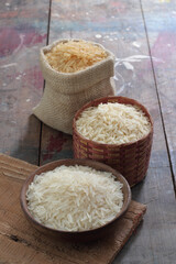Indian basmati rice variety on a wooden background