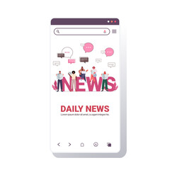 mix race people reading newspapers and discussing daily news chat bubble communication press mass media concept smartphone screen full length copy space vector illustration