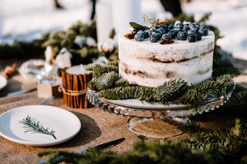 Cake on a glass stand on a wedding table decorated with pine branches, candles and burlap.