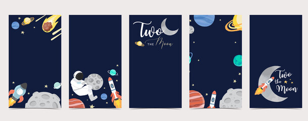 Cute background for social media.Set of instagram story with astronaut,earth,moon,star