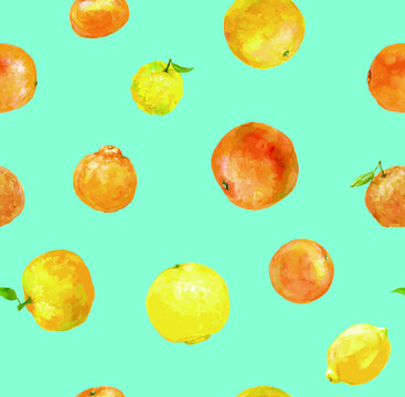 Seamless pattern of various citrus fruits produced in Seto Inland Sea area, with blue background