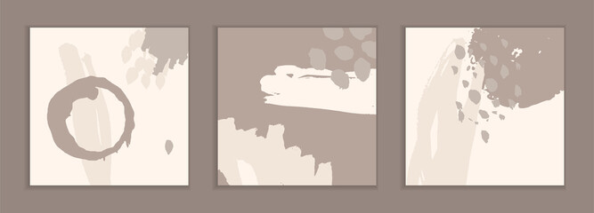 Dirty ink stains on a beige background. Unusual art business cards. A set of handmade templates for design. Abstract ink blots. Modern vector illustration. Postcards and banners. Hand-drawn spots.