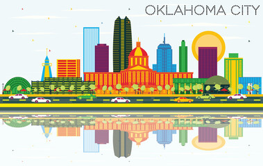 Oklahoma City Skyline with Color Buildings, Blue Sky and Reflections.