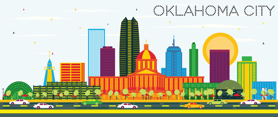 Oklahoma City Skyline with Color Buildings and Blue Sky.