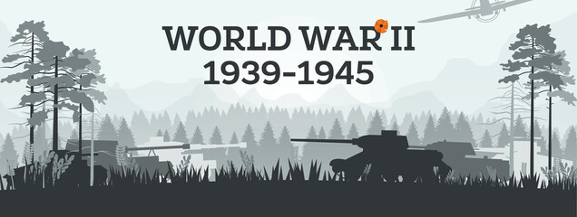 World War II 1939-1945. Military Concept with Tanks in Forest. Theater of War.