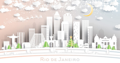 Rio de Janeiro Brazil City Skyline in Paper Cut Style with Snowflakes, Moon and Neon Garland.