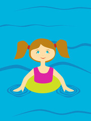 Little girl with pigtails in a yellow circle the bathers in the water. Little girl learning to swim in the water.