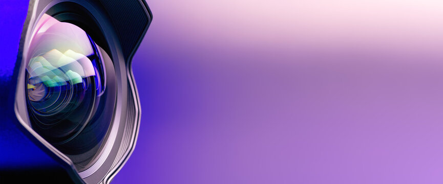 .Banner. The camera lens with purple backlight. Optics. Technological background..