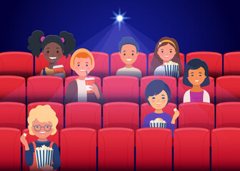 Little kids watching a movie in the movie theater and eating popcorn. Flat cartoon vector illustration