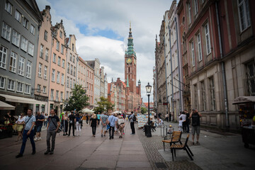 Gdansk, Poland, July 5, 2020, Narrow shot of Dluga street in Gdansk with old renaissance buildings and Town Hall, 