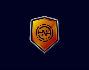 N Letter Logo With Gear Circle Pixel and Modern Shield Design. Security N Icon Protection Design Template.