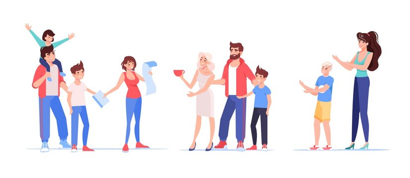 Family member character customer. Mother father parent, children standing together. Adults checking order getting something. Man woman using home delivery service advantage. People client isolated set