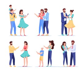 Fototapeta na wymiar People digital device user character. Loving couple, married husband wife, parent children holding mobile phone for shopping, wireless communication, sharing news. Isolated set on white