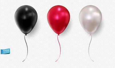 Set of realistic vector balloons isolated on light background. Red. White. The black. Element for design.