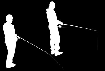 two white fishermen silhouettes illustration on black