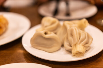 Khinkali, boiled dumplings filled with meat and soup, a traditional Georgian dish.