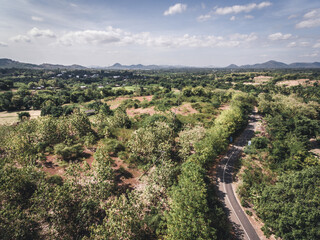 Aerial view of the road in forest with beautiful blue sky