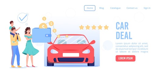 Online service for successful car deal landing page. Family couple children making auto rental, carpool, carsharing agreement paying via e-wallet. Internet automotive showroom digital application