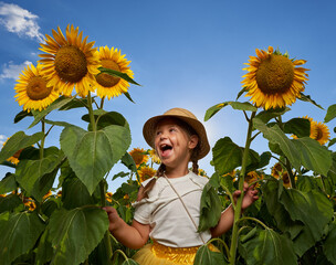 Cute girl in a sunflower field