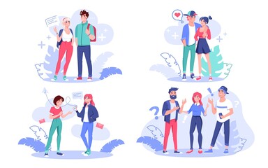 Young creative modern people, coworker, loving girlfriend boyfriend, teenager friend, student talking communicating set. Digital technology for man woman communication, friendship concept