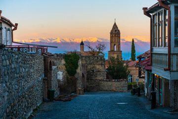 Naklejka premium The old town of Signaghi, a small town at the east side of Georgia, in winter time, at sunset. 