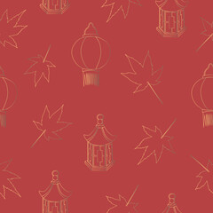 Vector seamless pattern with golden paper lanterns and maple leaves. Red background